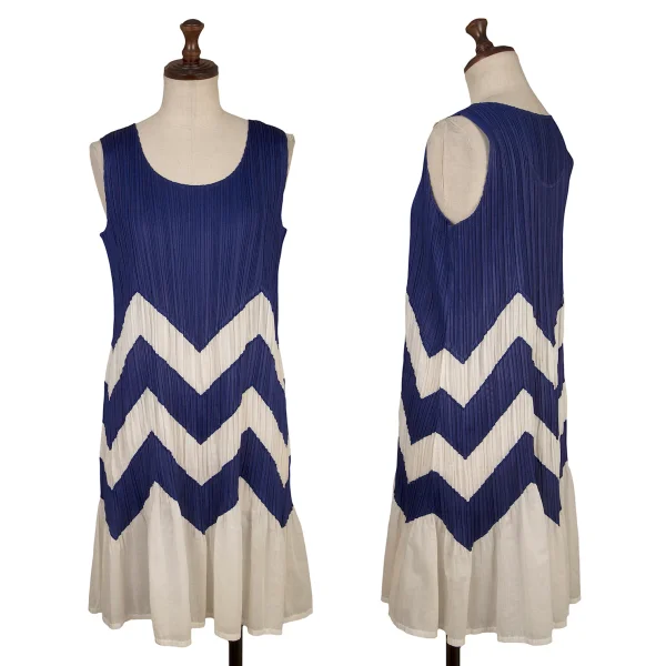 PLEATS PLEASE Zigzag Switching Sleeveless Pleated Tunic Blue,White 3 K-169020_001