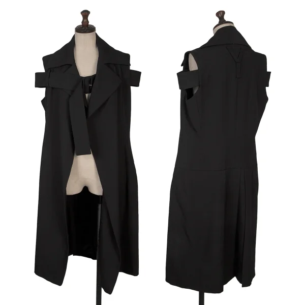 Yohji Yamamoto FEMME Wool Gabardine Belted Sleeveless Jacket Black 2 K-169099_001
