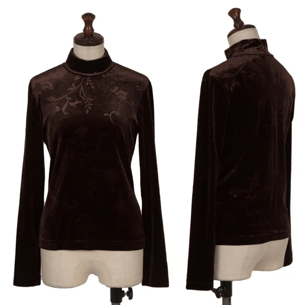 ANNA SUI Floral Jacquard Turtle Neck Velour Top Brown P K-169163_001
