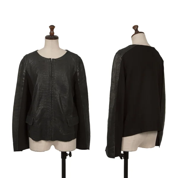 L'EQUIPE YOSHIE INABA Leather Switching Collarless Jacket Dark Green,Black 38 K-169318_001
