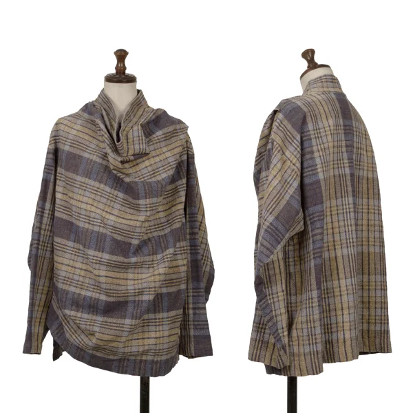 ISSEY MIYAKE PERMANENTE Neck Button Drape Check Top Blue,Beige M K-169337_001