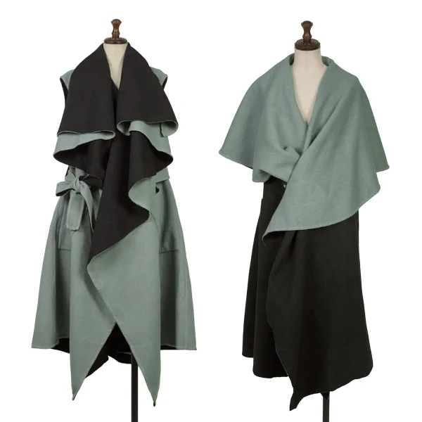 ISSEY MIYAKE Wool Reversible Drape Sleeveless Coat Black,Green 2 K-169387_001