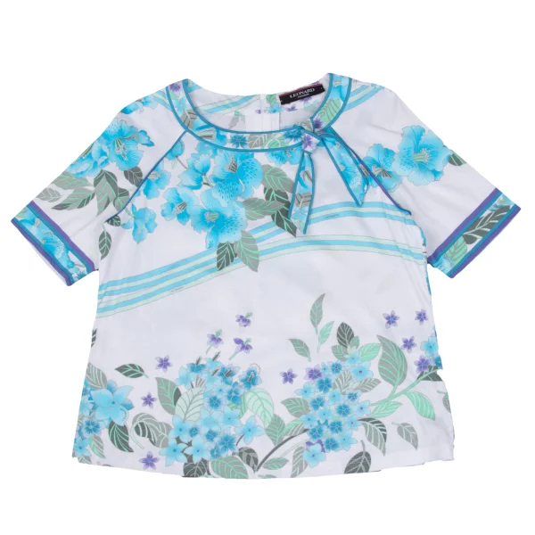 LEONARD Floral Print Neck Ribbon T Shirt White,Sky blue 42 K-169443_001