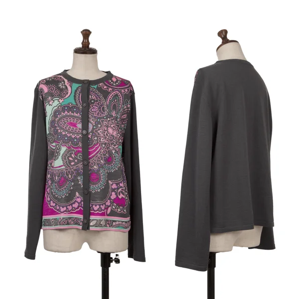 LEONARD Geometric Print Switching Cardigan Grey,Multi-Color LL K-169445_001