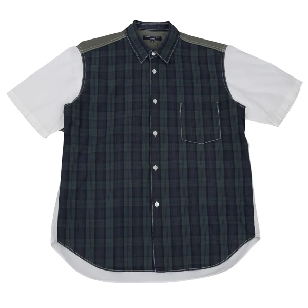 COMME des GARCONS HOMME Cotton Front Check Panel Short-sleeved Shirt Navy,Green,White L K-169511_001