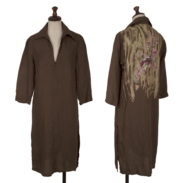 KENZO JUNGE Back Bird Print Stitch Design Dress Brown 38 K-169538_001