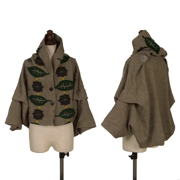 ISSEY MIYAKE me Dot Leaf Embroidery Herringbone Cardigan Mocha F K-169599_001