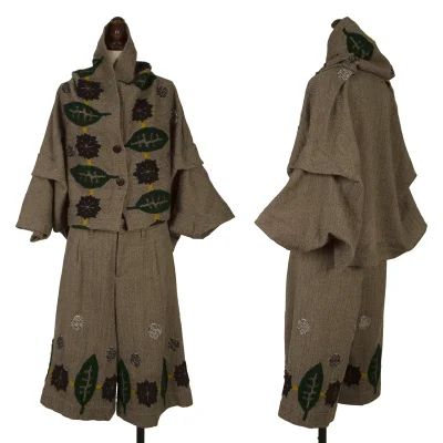 ISSEY MIYAKE me Dot Leaf Embroidery Herringbone Cardigan & Half Pants