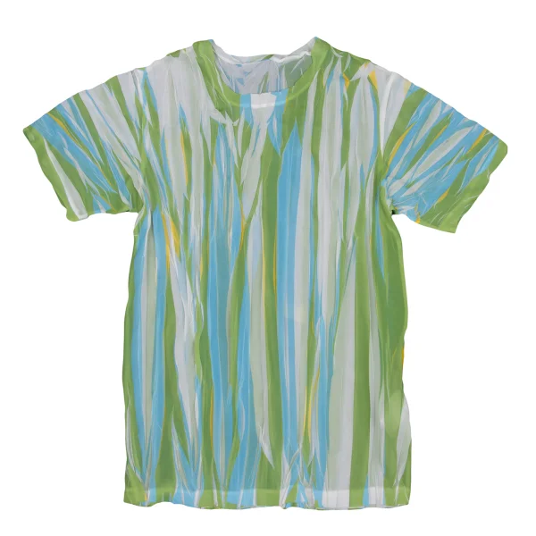 ISSEY MIYAKE Wrinkled Pleats See-through Stripe T-shirt Light Green,White,Sky blue S K-169602_001