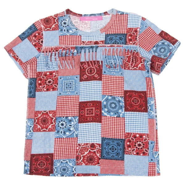 JUNYA WATANABE MAN PINK COMME des GARCONS Patchwork Print Fringe T-shirt Blue,Red XS-S K-169672_001