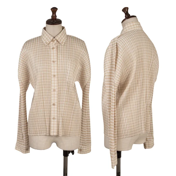 PLEATS PLEASE Checker Button-down Shirt Beige,White 3 K-169754_001