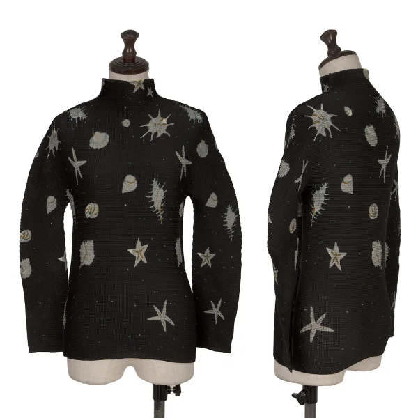 ISSEY MIYAKE me Marine Print Stretch Pleated Turtleneck T Shirt Black Free K-169756_001