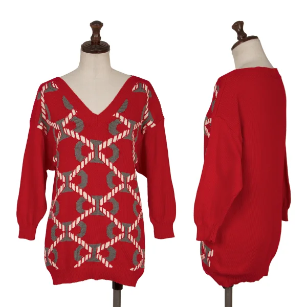 HERMES Cotton Geometric Jacquard V-neck Knit Sweater Red,Grey,White 38 K-169764_001