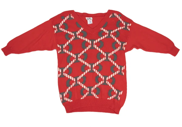 HERMES Cotton Geometric Jacquard V-neck Knit Sweater K-169764_002