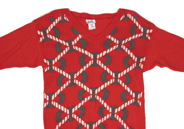 HERMES Cotton Geometric Jacquard V-neck Knit Sweater K-169764_003
