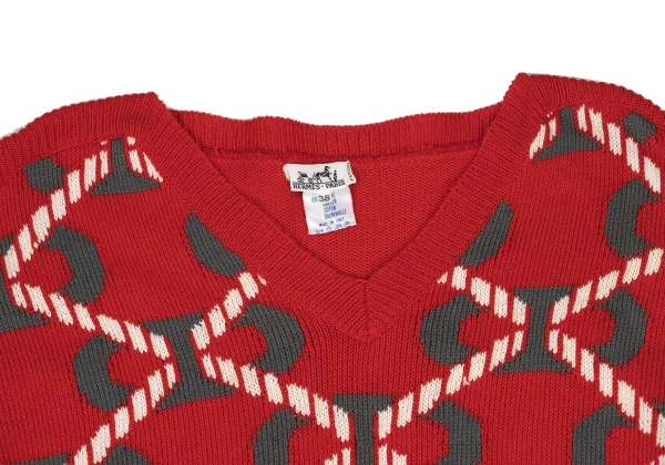 HERMES Cotton Geometric Jacquard V-neck Knit Sweater K-169764_004