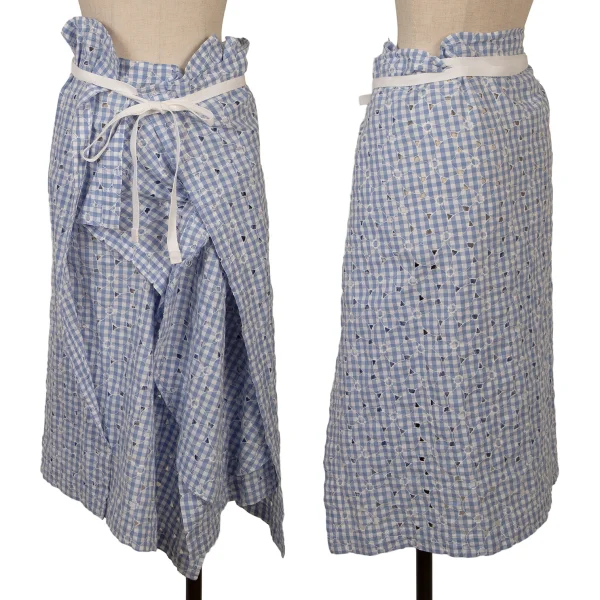 JUNYA WATANABE COMME des GARCONS Floral Embroidery Checked Wrap Skirt Blue,White XS K-169794_001