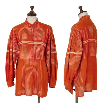 ISSEY MIYAKE Cotton Linen Embroidery Design Band Collar Pullover Shirt