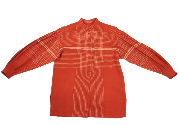 ISSEY MIYAKE Cotton Linen Embroidery Design Band Collar Pullover Shirt K-169799_002