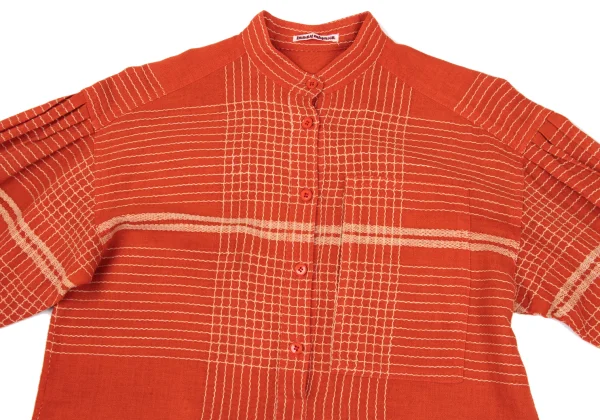ISSEY MIYAKE Cotton Linen Embroidery Design Band Collar Pullover Shirt K-169799_003
