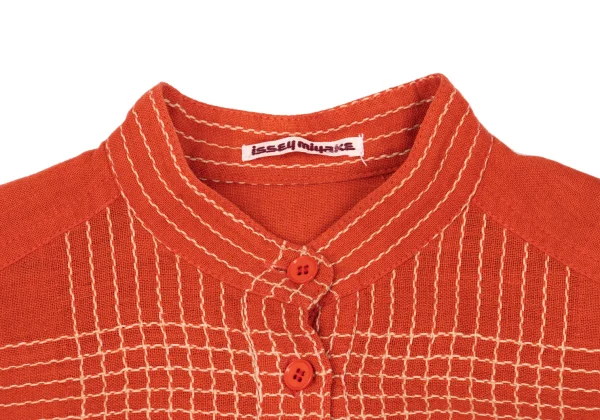 ISSEY MIYAKE Cotton Linen Embroidery Design Band Collar Pullover Shirt K-169799_004