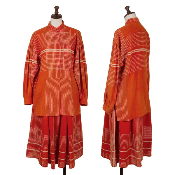 イッセイミヤケISSEY MIYAKE コットンリネン刺繍デザインタックスカート オレンジ9 K-169800_011