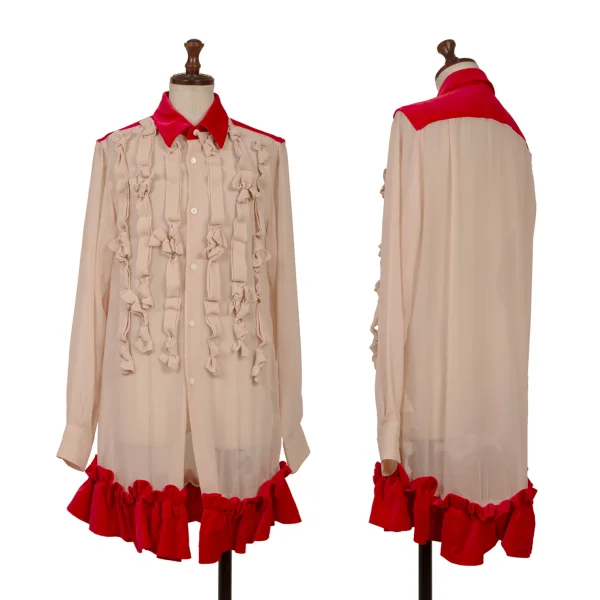 COMME des GARCONS Frilled Velour Switching Knot Tape Embellished Sheer Blouse Red,Beige S K-169824_001