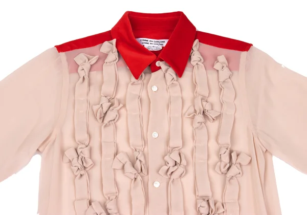 COMME des GARCONS Frilled Velour Switching Knot Tape Embellished Sheer Blouse K-169824_003
