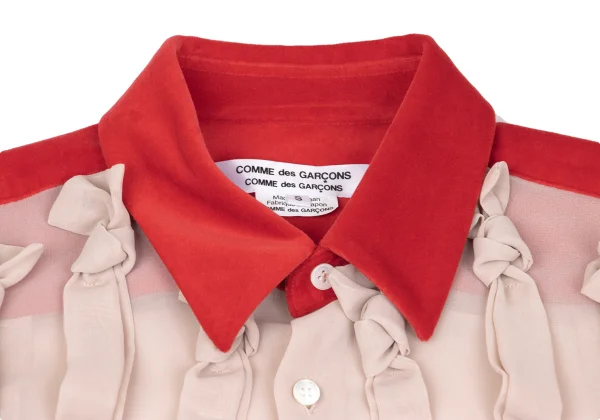 COMME des GARCONS Frilled Velour Switching Knot Tape Embellished Sheer Blouse K-169824_004