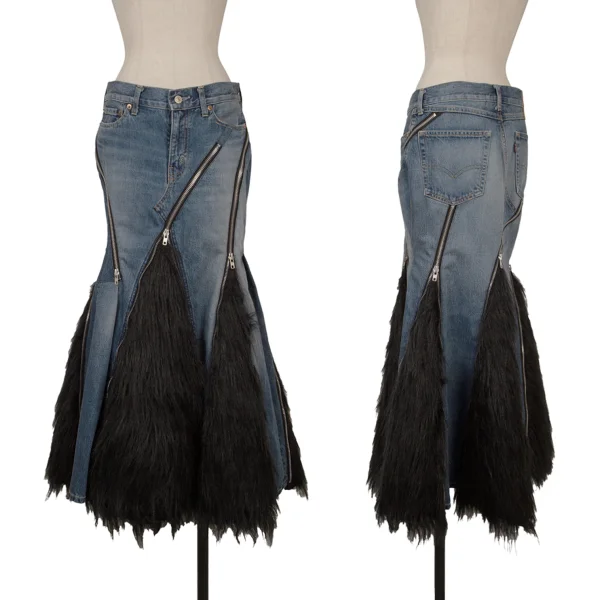 JUNYA WATANABE×Levi's Fur Zipper Switching Denim Skirt  Indigo,Black XS K-169839_001