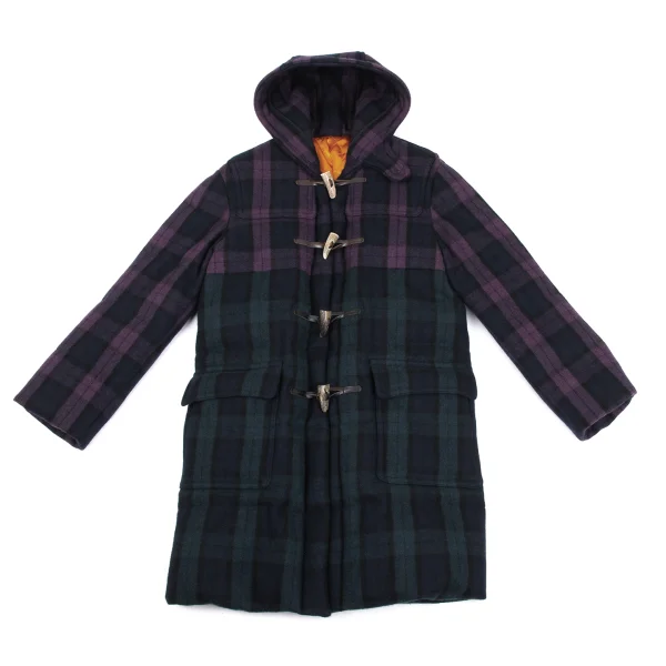 GANRYU Lining Quilted Down Check Duffle Coat Purple,Dark Green M K-169906_001