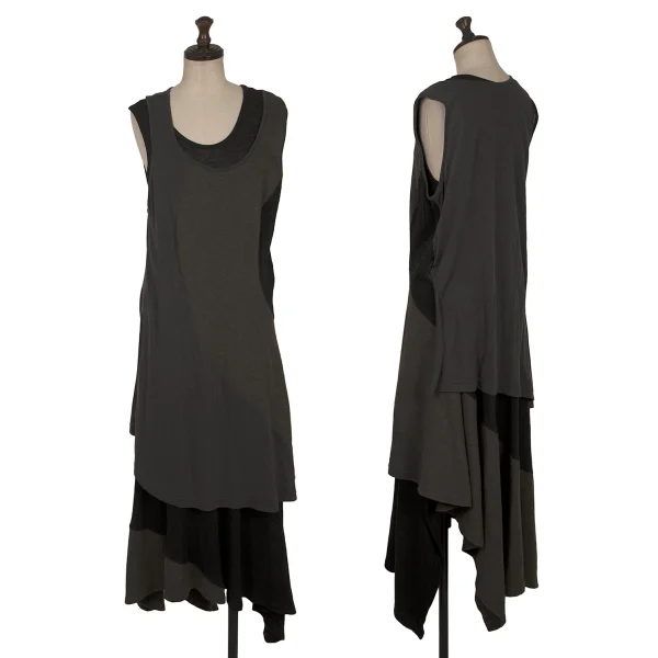 Yohji Yamamoto NOIR Blended Switching Fabric Layered Sleeveless Dress Black,Charcoal,Khaki 2 K-169958_001