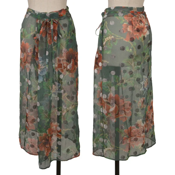 Yohji Yamamoto NOIR Floral Print Dot Pile See-through Skirt Green,Multi-Color 1 K-169997_001