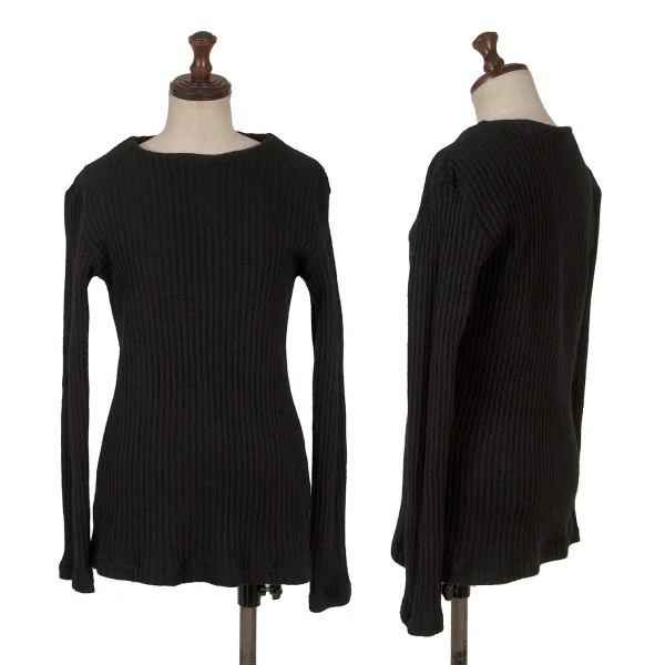 Yohji Yamamoto FEMME Wool blend Switching Neck Ribbed Knit Sweater Black 2 K-170020_001