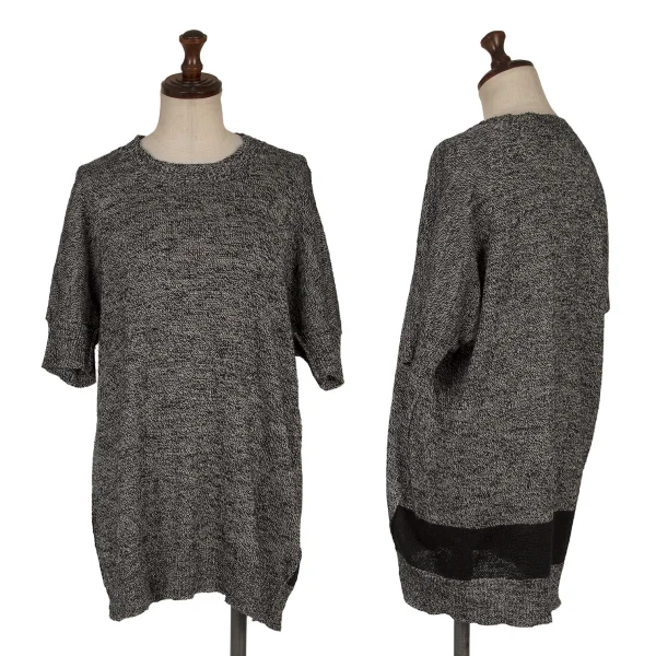 Y's Cotton Linen Switching Crew Neck Short-sleeve Knit Sweater Black,White 2 K-170127_001