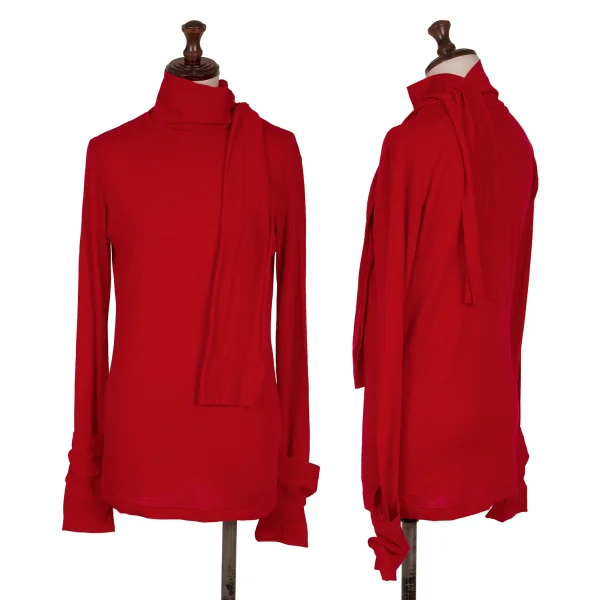 Yohji Yamamoto FEMME Tie Neck Wool Knit Top Red 2 K-170150_001