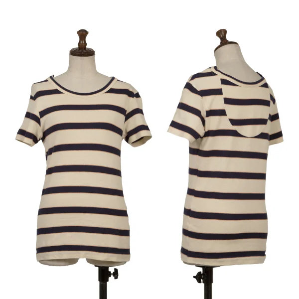 Y's Cotton Linen Striped T-shirt Beige,Navy 2 K-170302_001