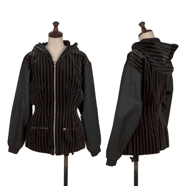 Jean Paul GAULTIER Waist Shaping Dart Hooded Velour Stripe Jacket Black 9 K-170362_001