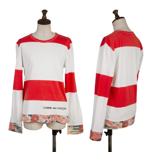 COMME des GARCON Floral Printed Hem Stripe T Shirt White,Red S K-170364_001