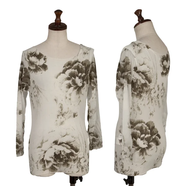 Yohji Yamamoto FEMME Printed Nylon Stretch T Shirt White,Khaki 3 K-170366_001