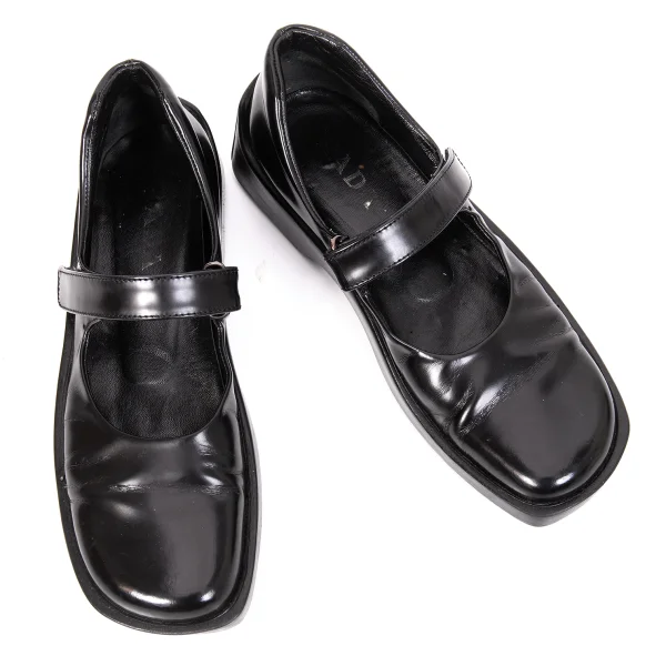 PRADA Square Toe Mary Jane Leather Shoes Black 37 K-170385_001
