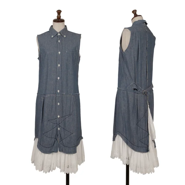 JUNYA WATANABE denim Lace Switching Sleeveless Shirt Dress Blue,White XS K-170476_001