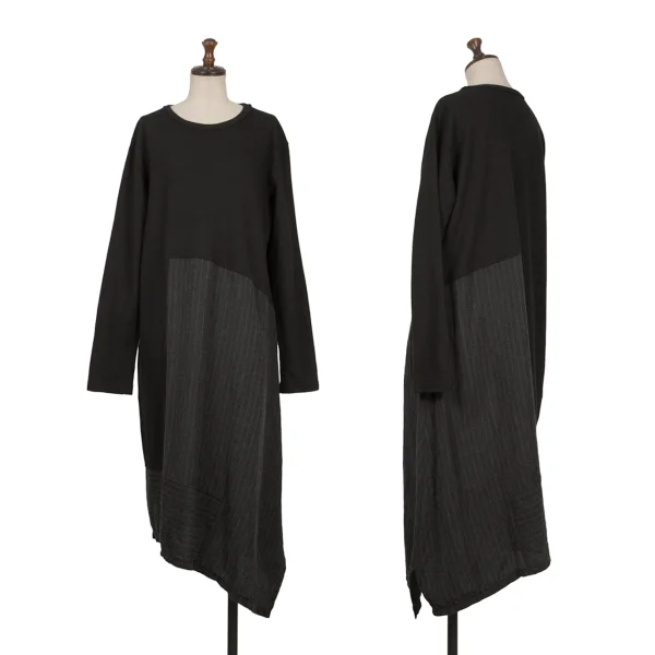 Y's Wool Linen Stripe Switching Knit Dress Black 1 K-170501_001