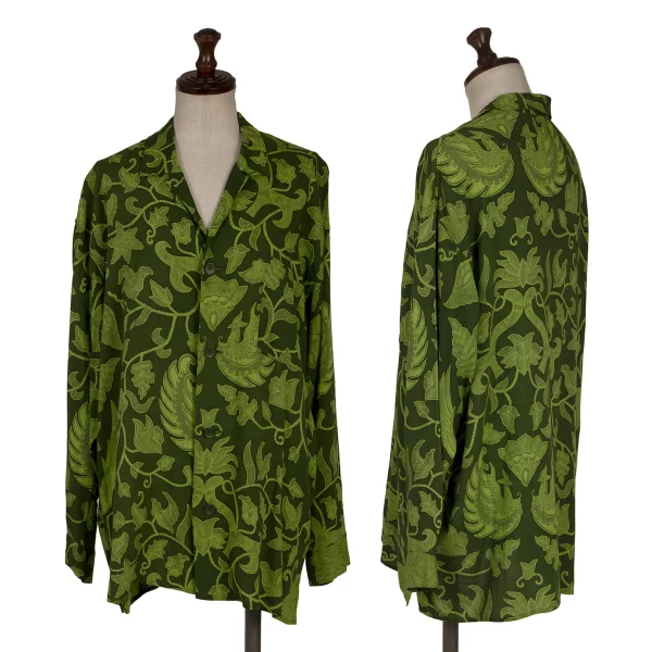 Yohji Yamamoto FEMME Rayon Botanical Print Open-collar Shirt Green M K-170646_001