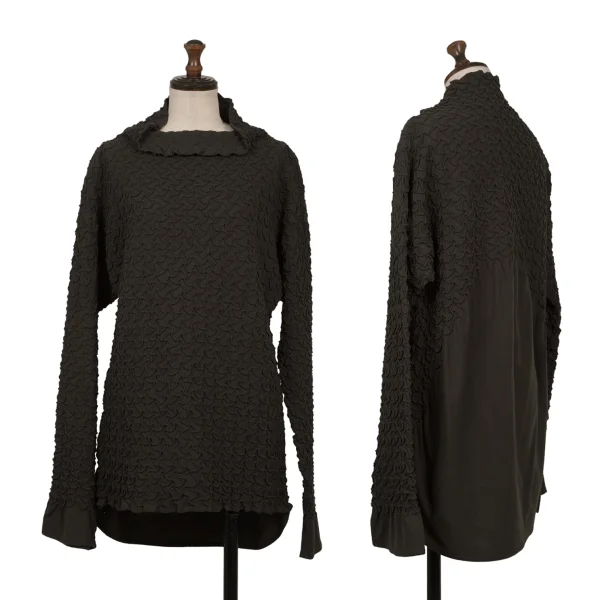 ISSEY MIYAKE Wool Geometric Tuck Turtle Neck Top Khaki Charcoal 3 K-170948_001