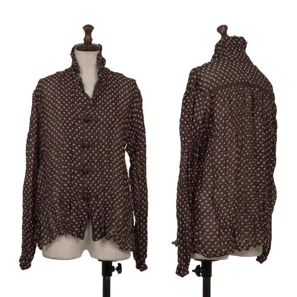 ISSEY MIYAKE FETE Wrinkle Pleats Dot Printed Chinese Blouse Brown 2 K-170949_001
