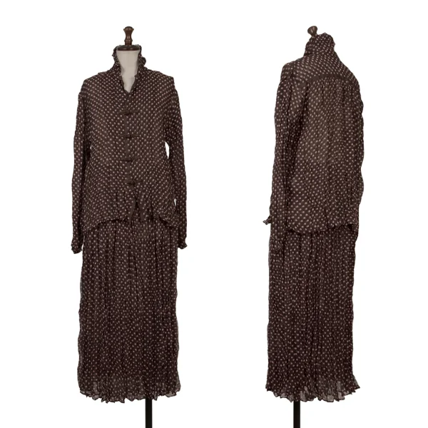 ISSEY MIYAKE FETE Wrinkle Pleats Dot Printed Blouse & Skirt Brown 2 K-170951_001
