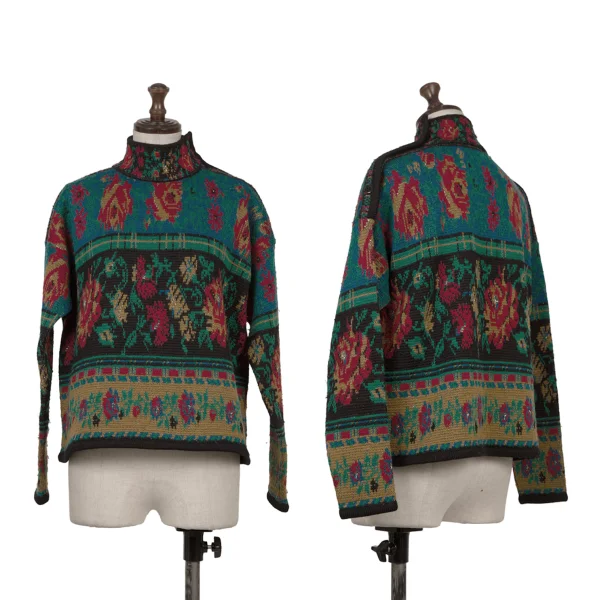 KENZO Shoulder Button Native Pattern Jacquard Knit Sweater Multi-Color S-M K-170963_001