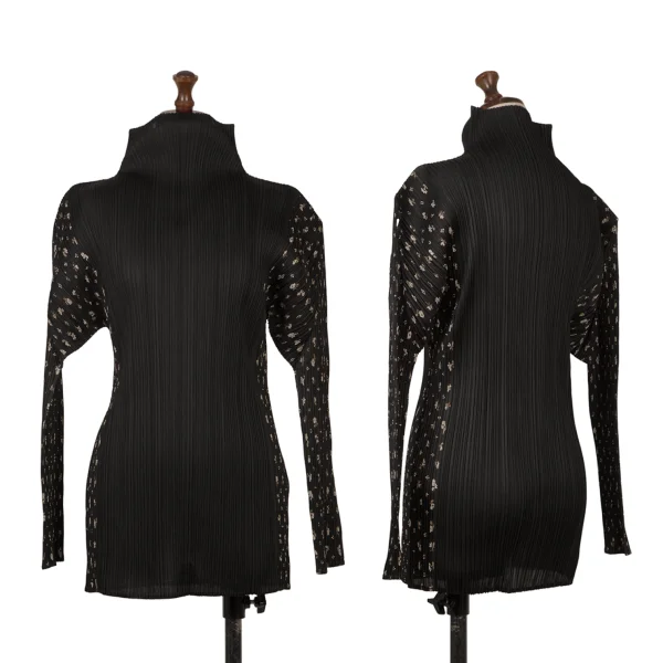 PLEATS PLEASE Flower Print Switching High-neck Top Black,Beige 3 K-171003_001