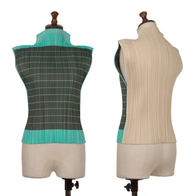 PLEATS PLEASE Striped Print Switching High-neck Tank Top